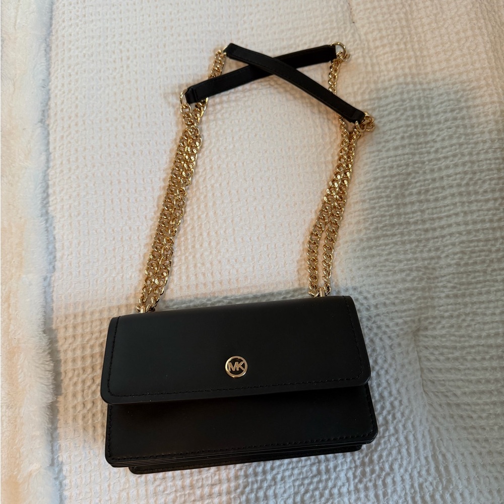 Michael Kors Black Leather Crossbody with Gold Chain Strap